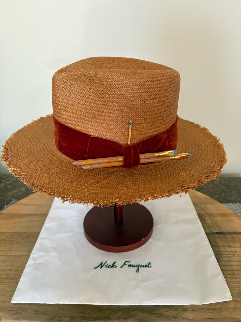 Nick Fouquet Ecuadorian Tan Straw Hat with Red Velvet Band